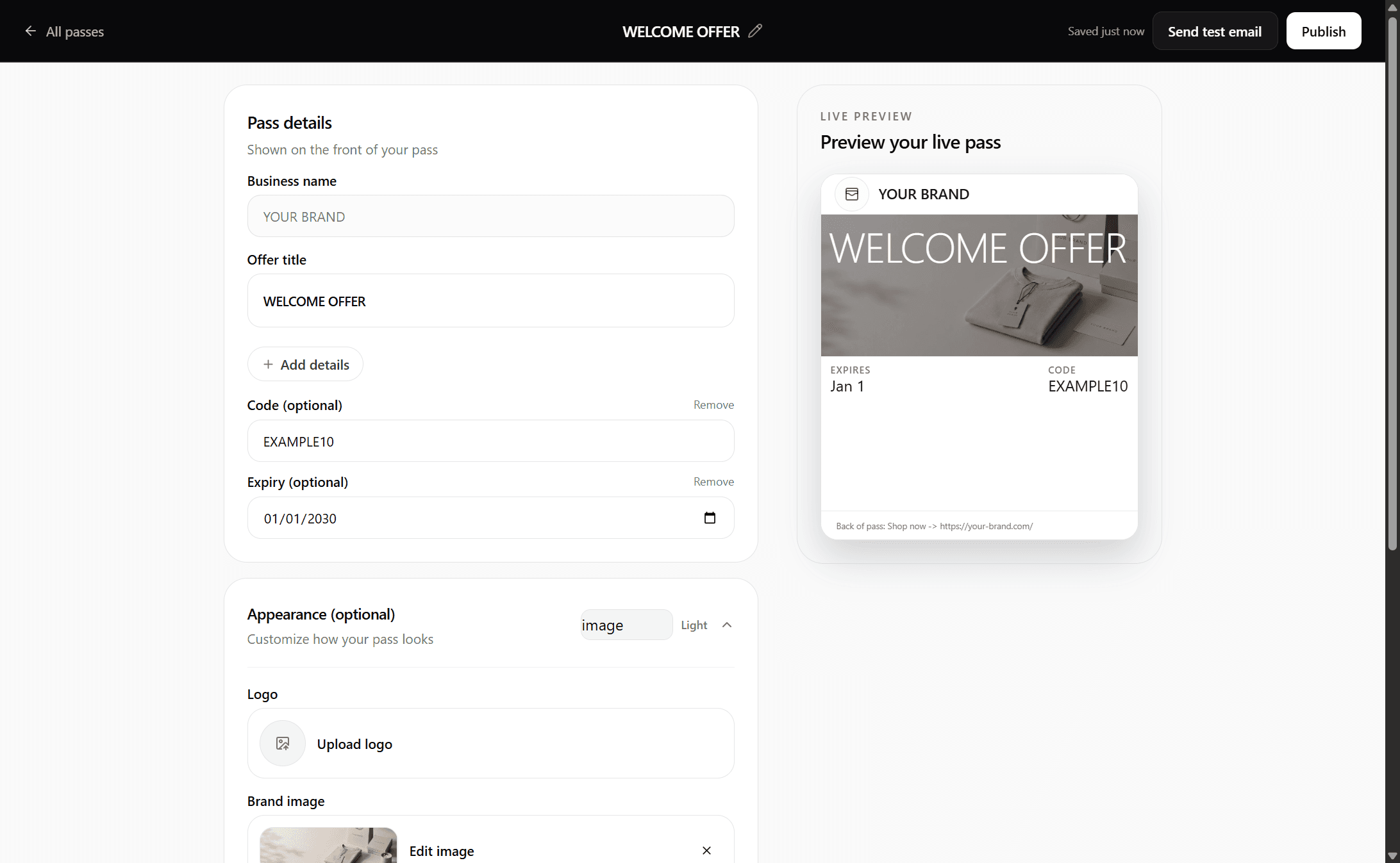 Pass builder with live Wallet preview